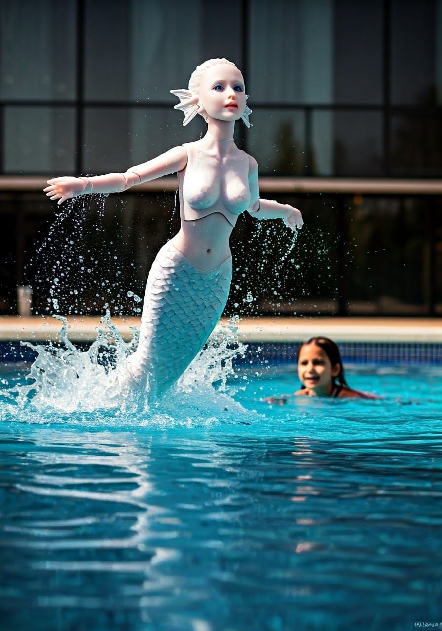 Futuristic Robotic Mermaid Doll Emerges From Pool