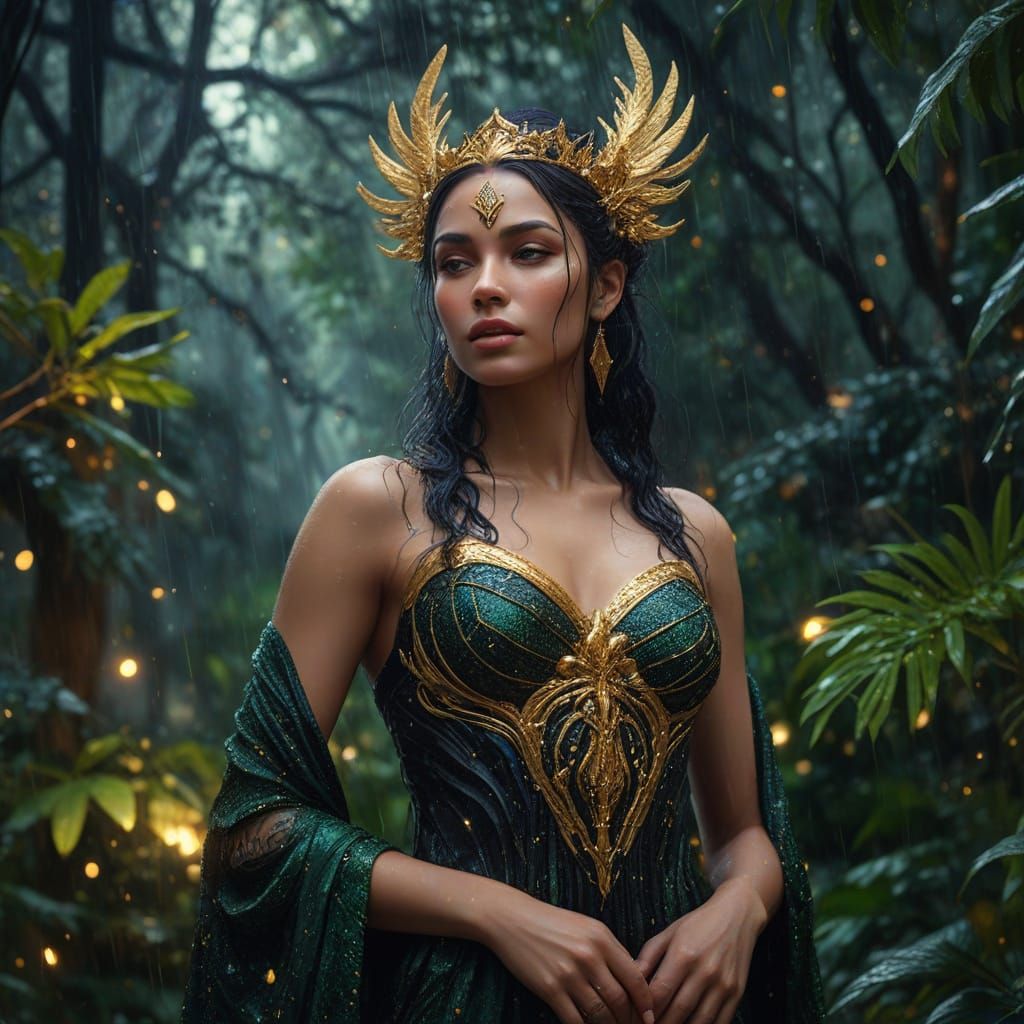 Nemesis Goddess in Rainforest: Hyper-Realistic Oil Painting