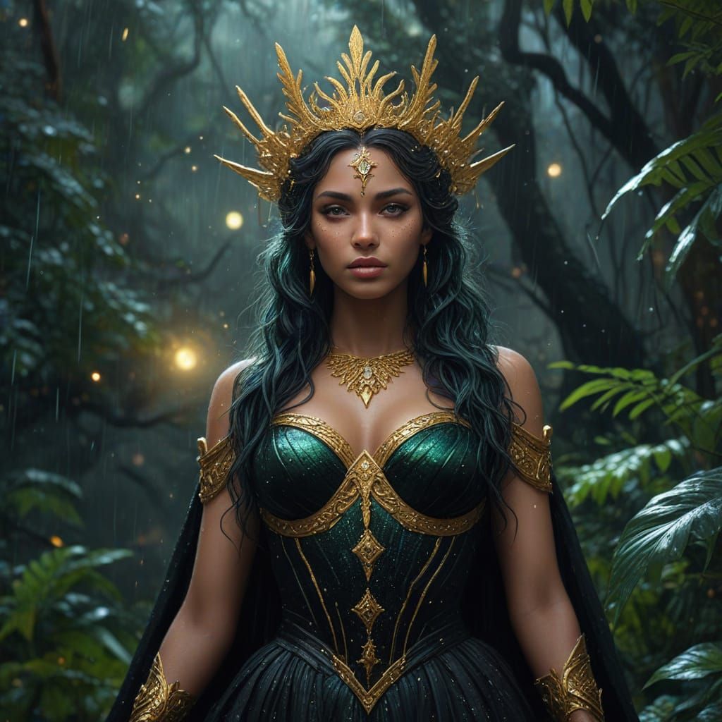 Nemesis Goddess in Starry Rainforest Oil Painting