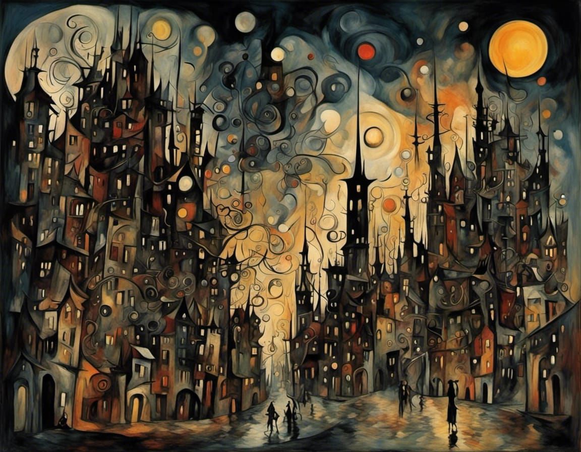 Detailed Fantasy Town Silhouette Illustration