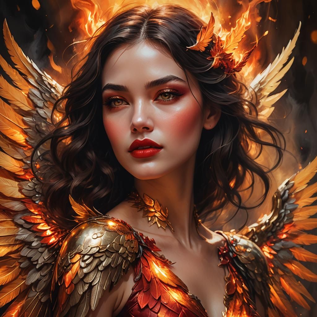 Surreal Fantasy Portrait with Fiery Wings in Vibrant, Golden...