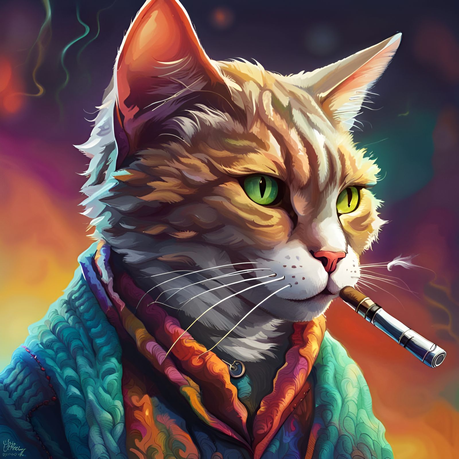 Hyperrealistic Cat Portrait with Cardigan and Pipe