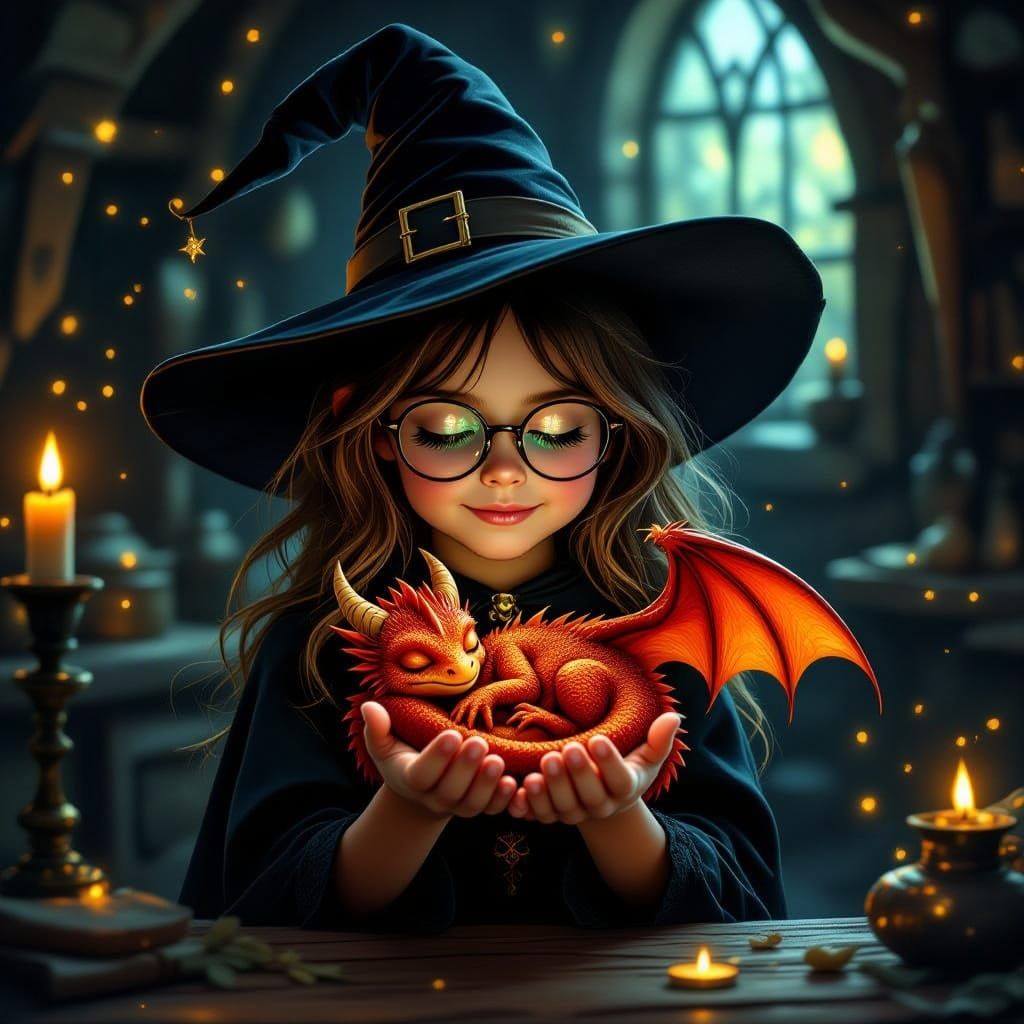 Witch with Sleeping Dragon in Magical Workshop