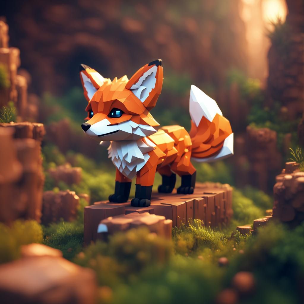 Voxel Game: Cute Fox Cub in Detailed Matte Painting