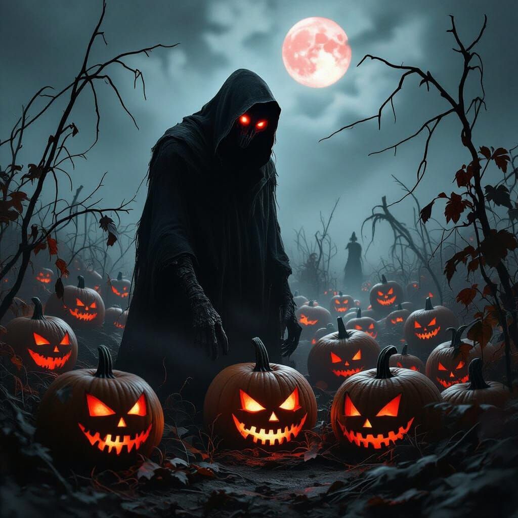 Macabre Farmer in Foggy Pumpkin Patch with Red Glowing Eyes