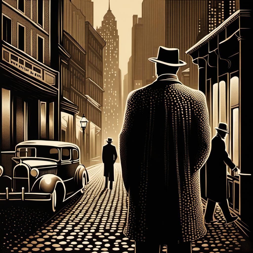 Sepia Noir City Street in Pointillism Art Deco