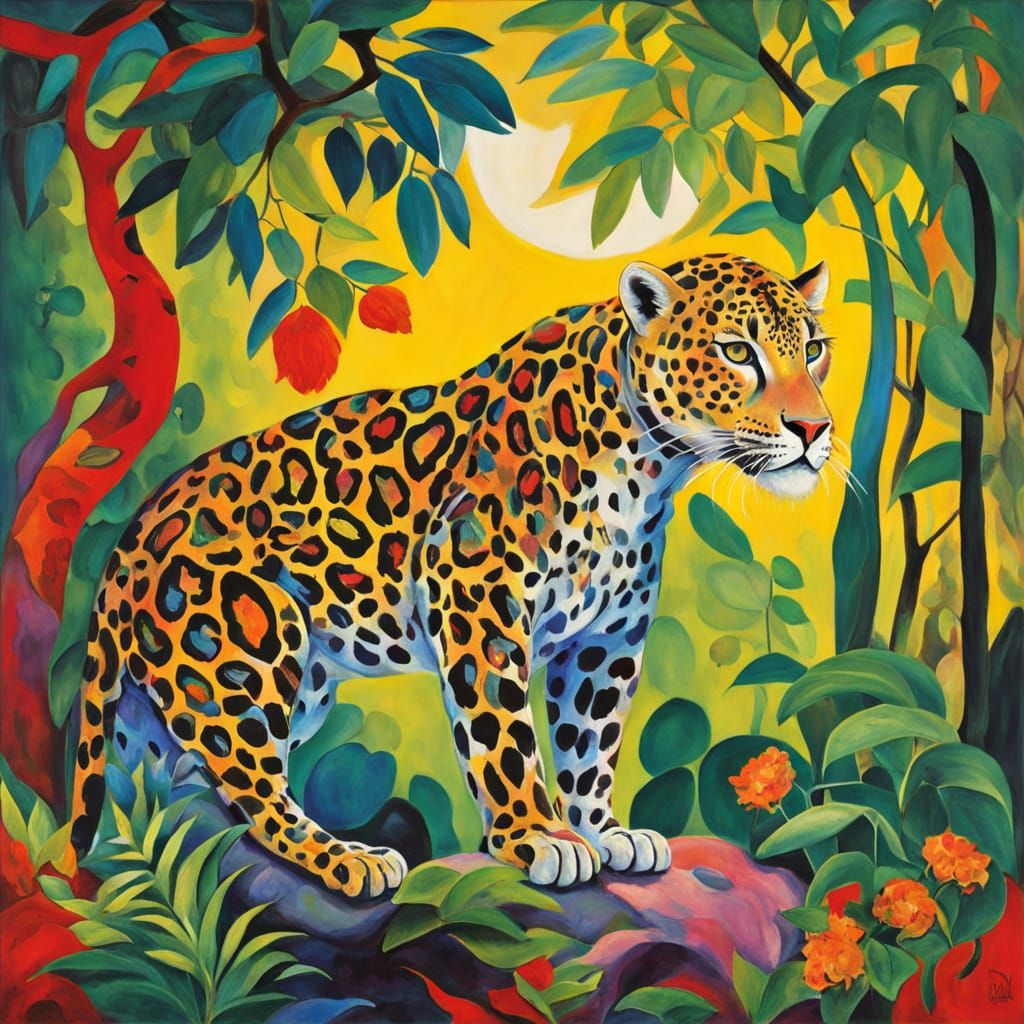 Vibrant Jungle Scene in Fauvist Style with a Majestic Leopar...