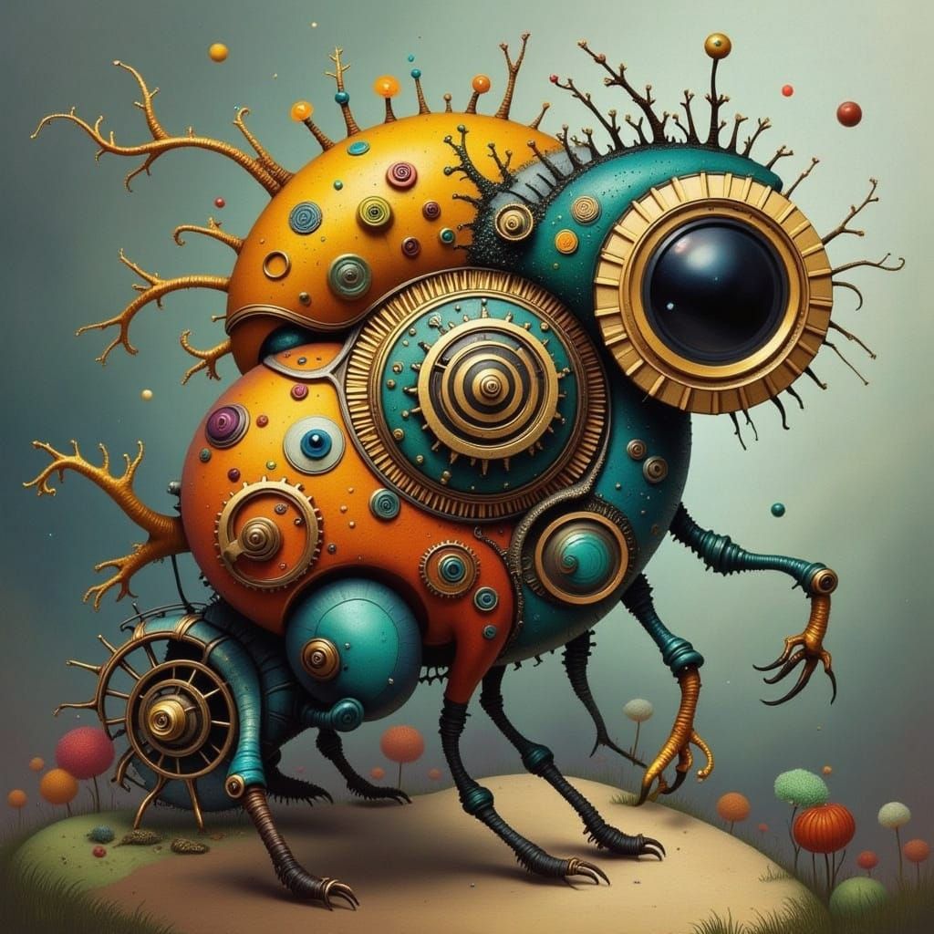 Whimsical Mechanical Garden with Cicada Sounds