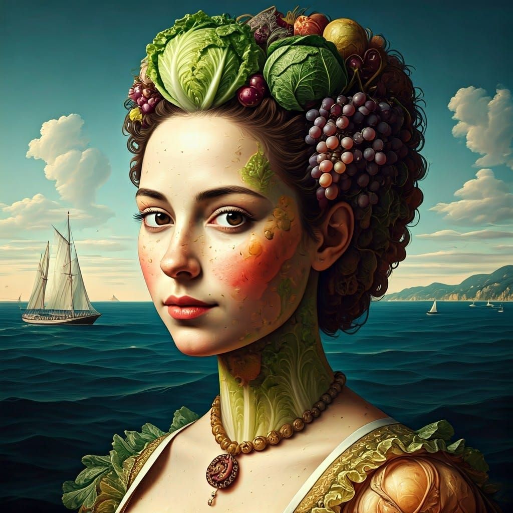 Baroque Vegetable Lady Portrait in Surrealist Style