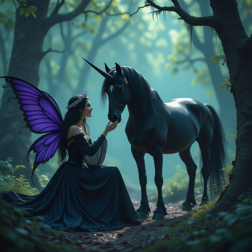 Gothic Fairy with Black Unicorn in Dark Forest