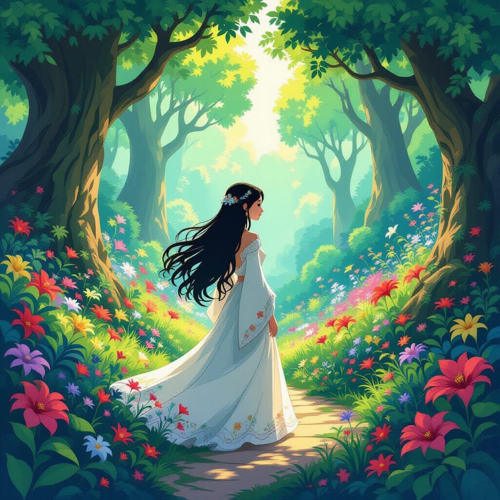 Mystical Woman in Lush Garden, Animated Fantasy Art