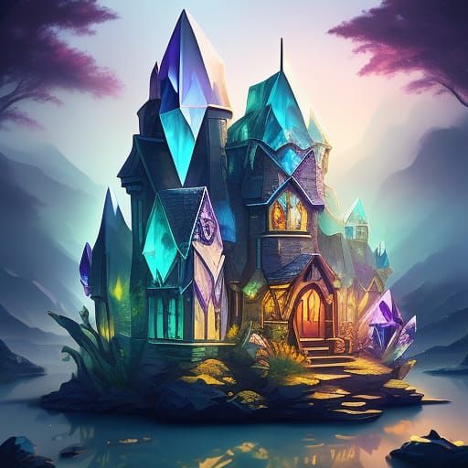 Gemstone House on Whimsical Crystal Landscape in Oil Paintin...