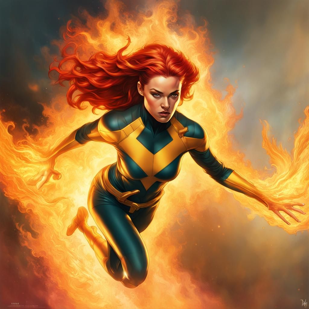 Jean Grey Phoenix in Fiery Flight: Hyperrealistic Splash Art