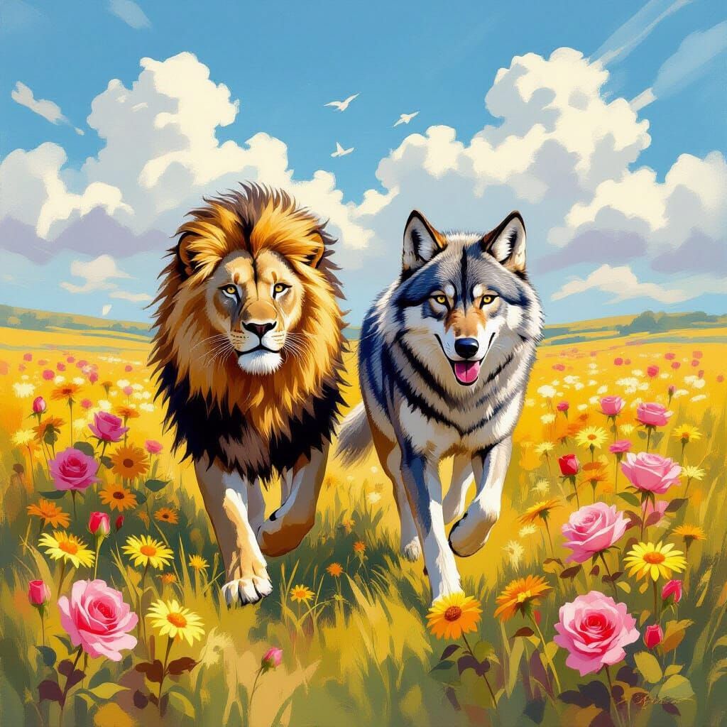 Lioness and Wolf Play Together in Vibrant Field