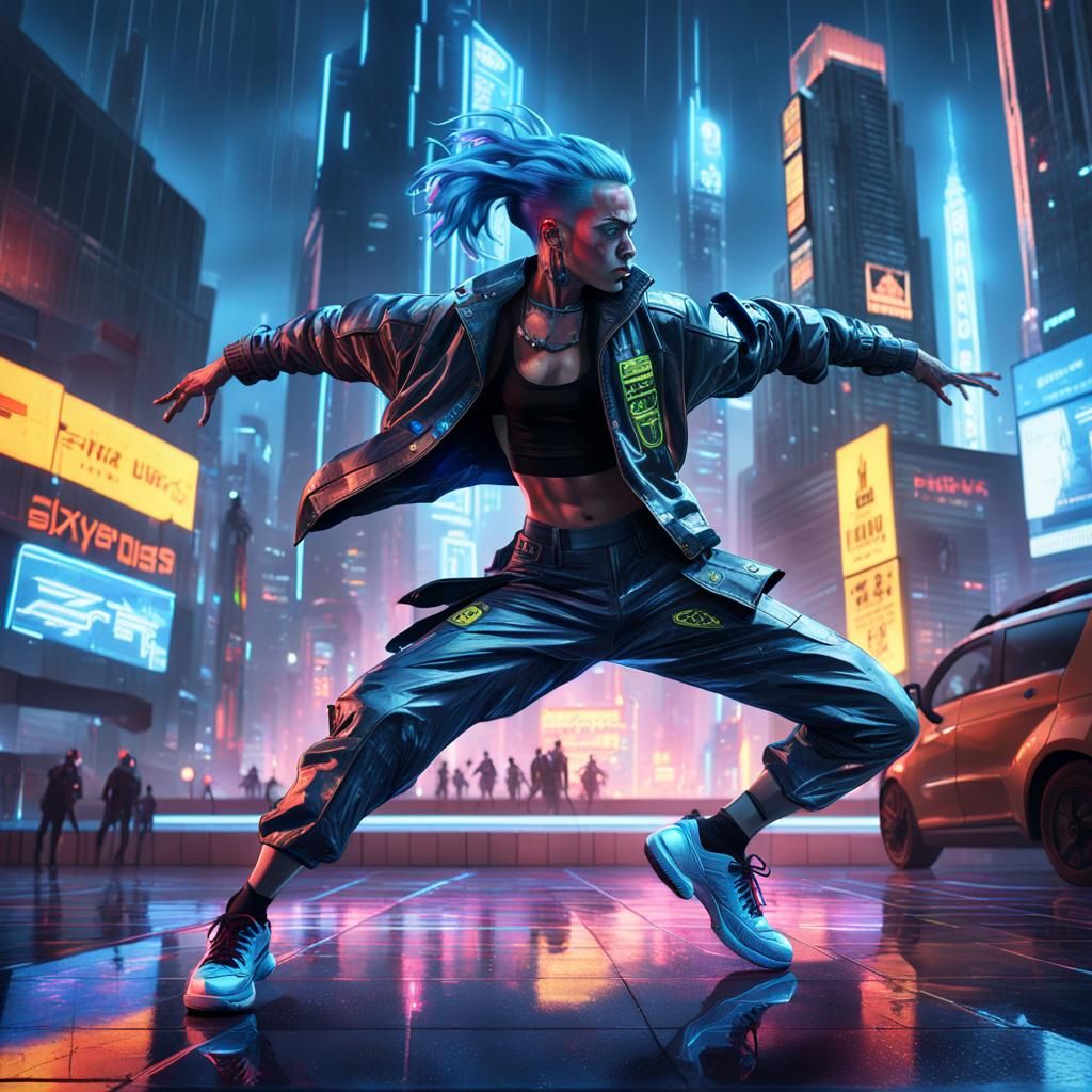 Cyberpunk Dancer in Neon-Lit Cityscape