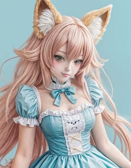 Cute Anime Foxgirl Maid in Cel-Shaded Style