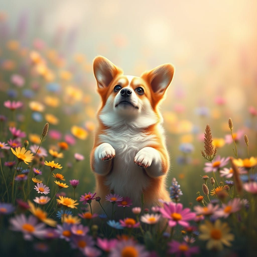 Vibrant Corgi in Whimsical Wildflower Meadow