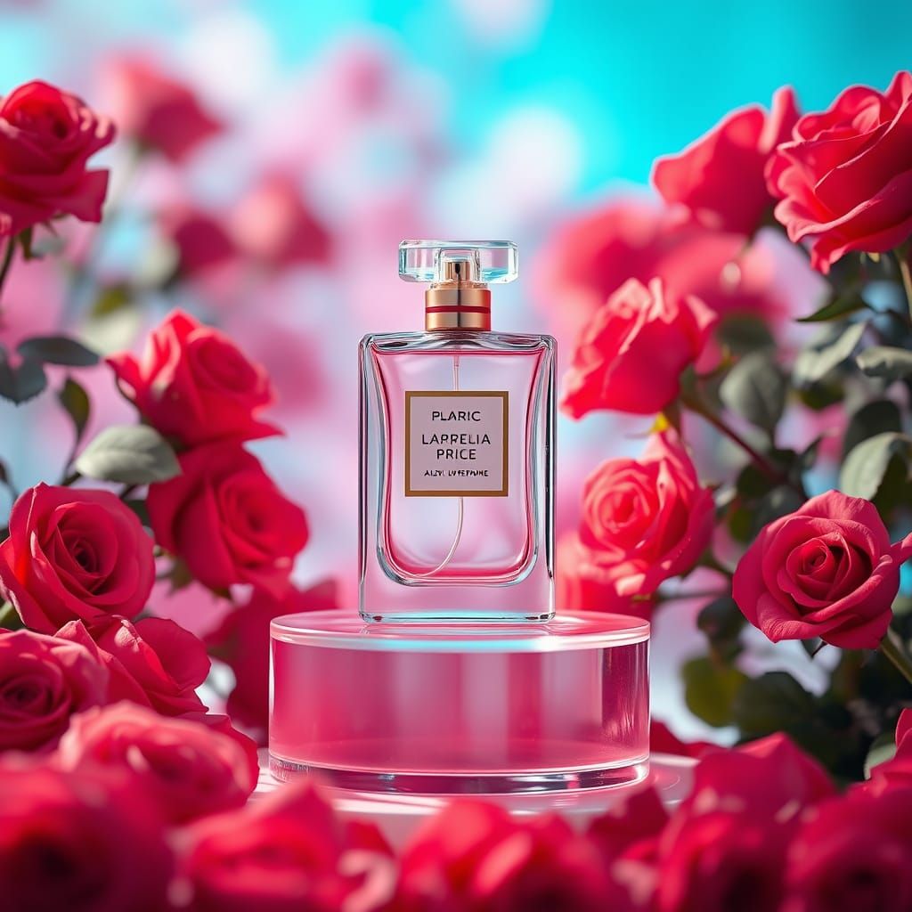 Luxurious Perfume Bottle on Pink Glassy Podium with Red Rose...