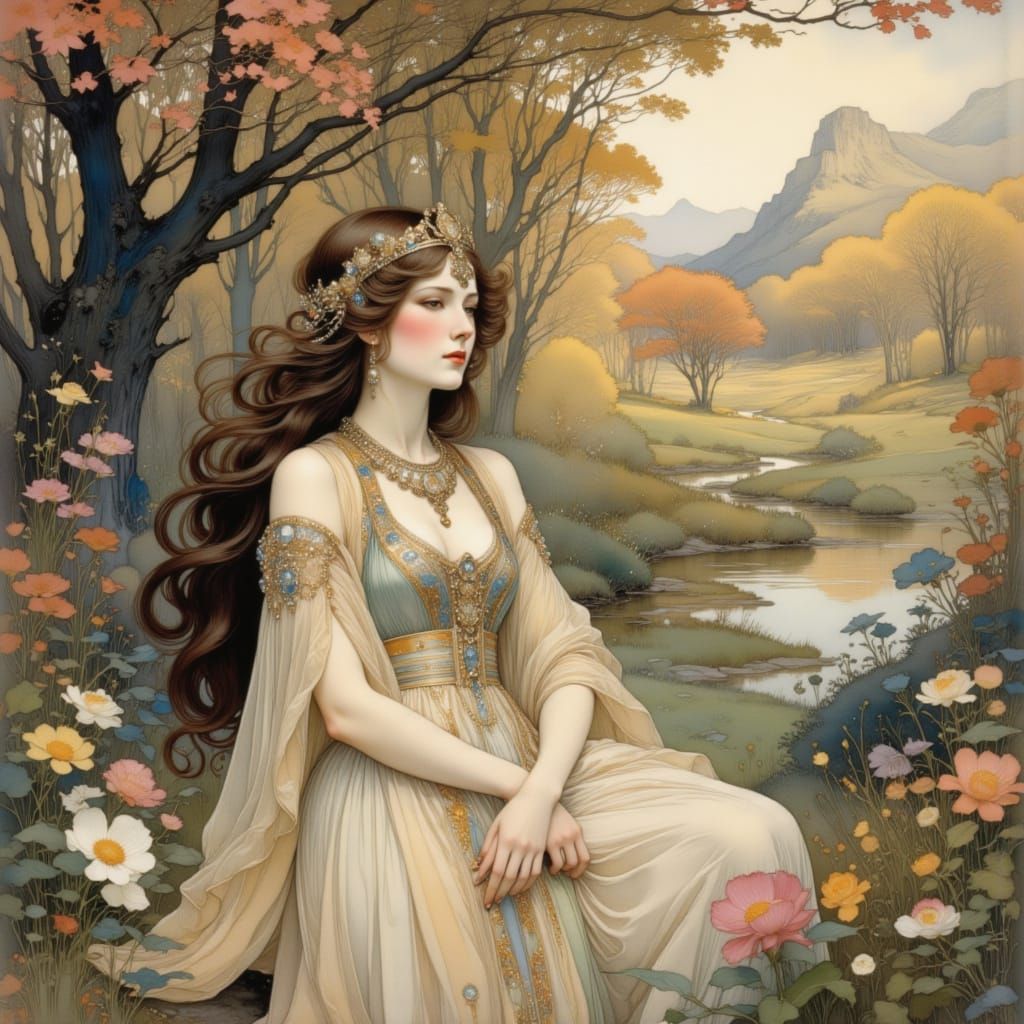 Egyptian Queen in Mythical Landscape, Klimt & Waterhouse Sty...