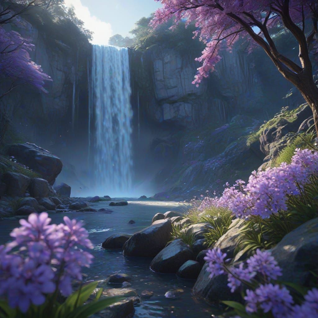Delicate Purple Flowers and Waterfall in 3D Anime Style