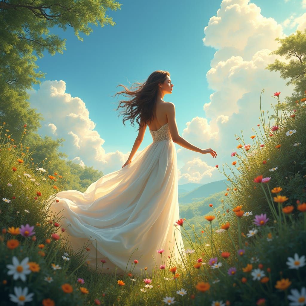 Serene Woman in a Floral Fantasy Landscape