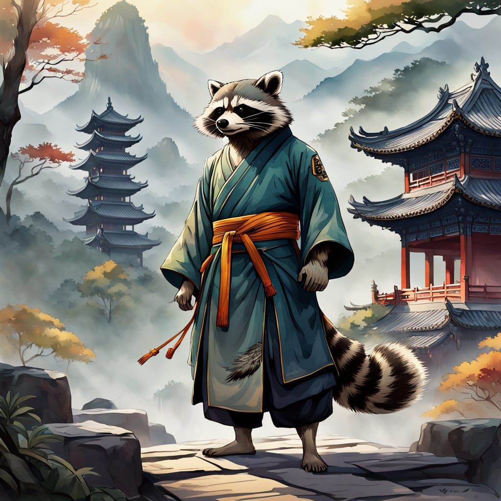 Vibrant Watercolor Raccoon Monk in Serene Misty Forest