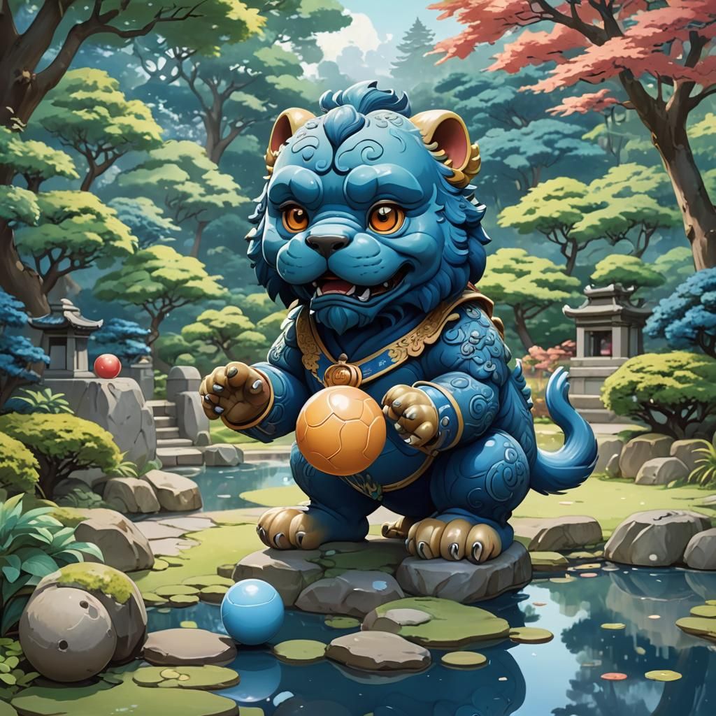 Foo Dog in Japanese Garden: Anime Art