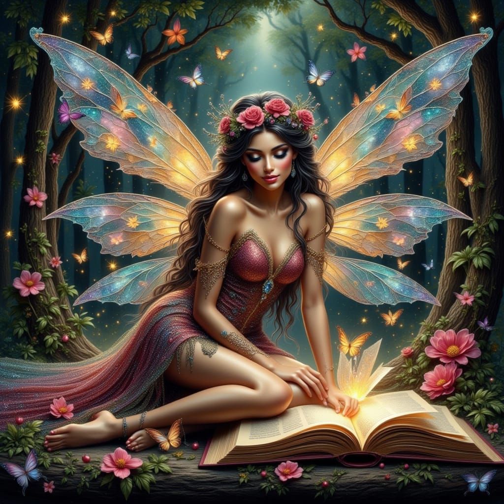 Whimsical Book Fairy in Enchanted Forest