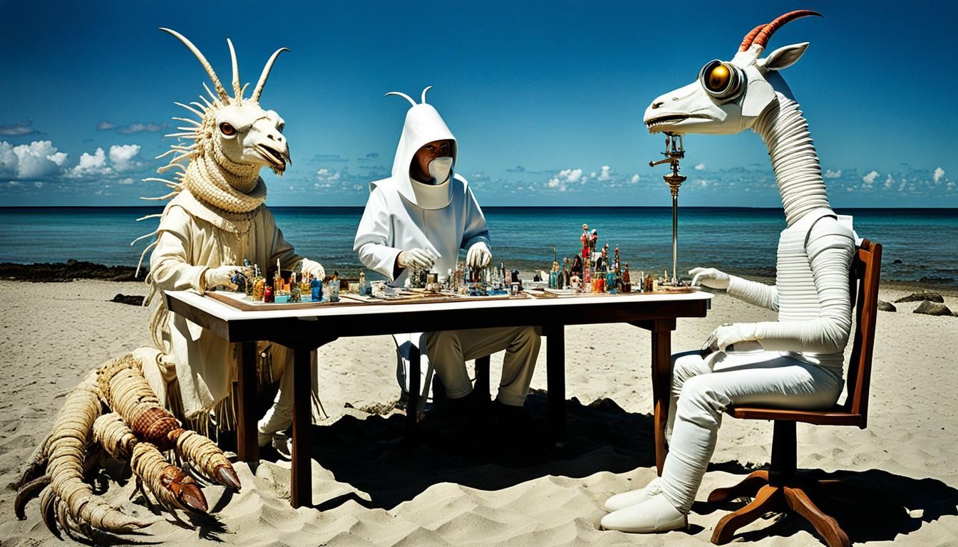 Albino Cryptid Surgeons Relaxing on a Surreal Beach