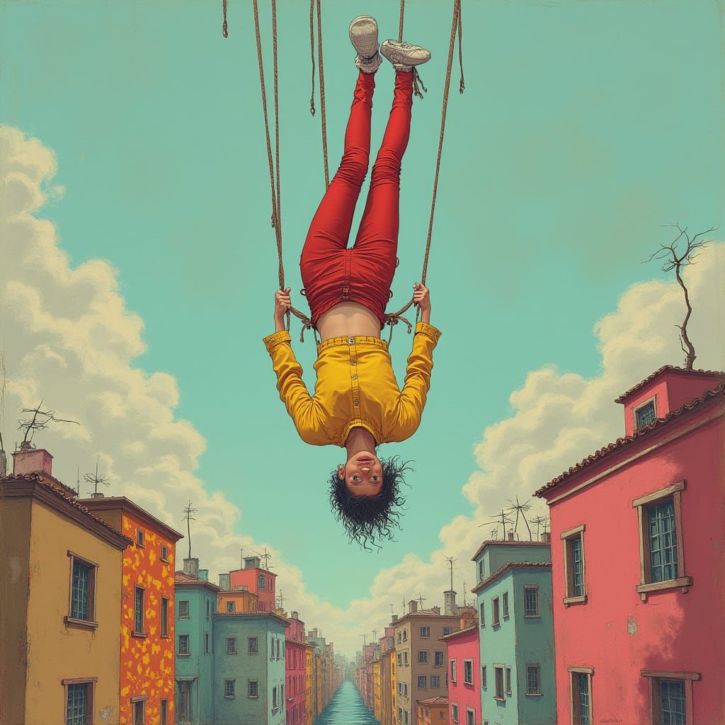 Inverted Figure Above Surreal Cityscape