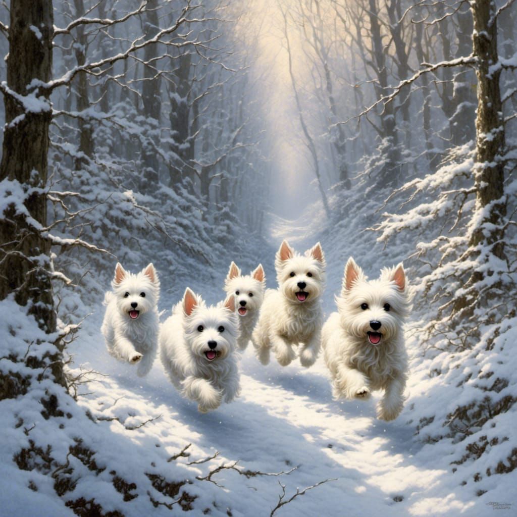 Westies Play in Winter Forest