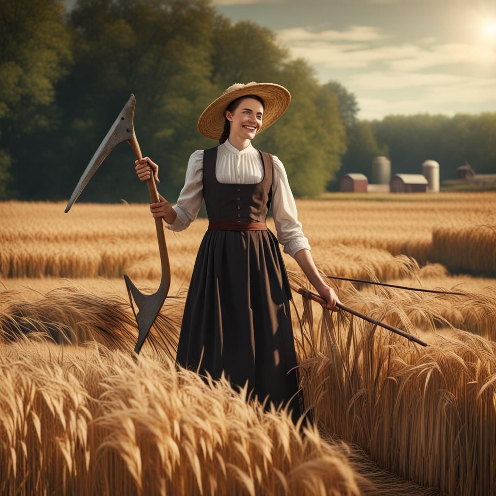 Young Amish Woman Harvesting Grain in Sunny Field