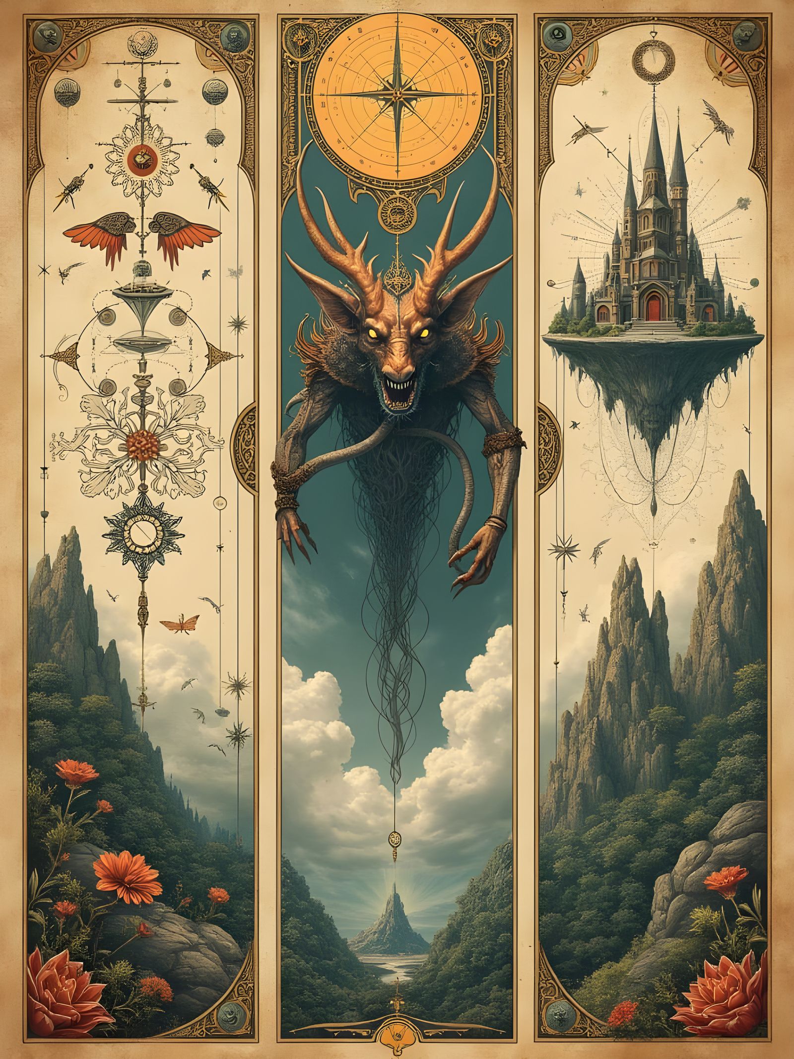 Fantasy Triptych Codex: Mythical Beast & Floating City