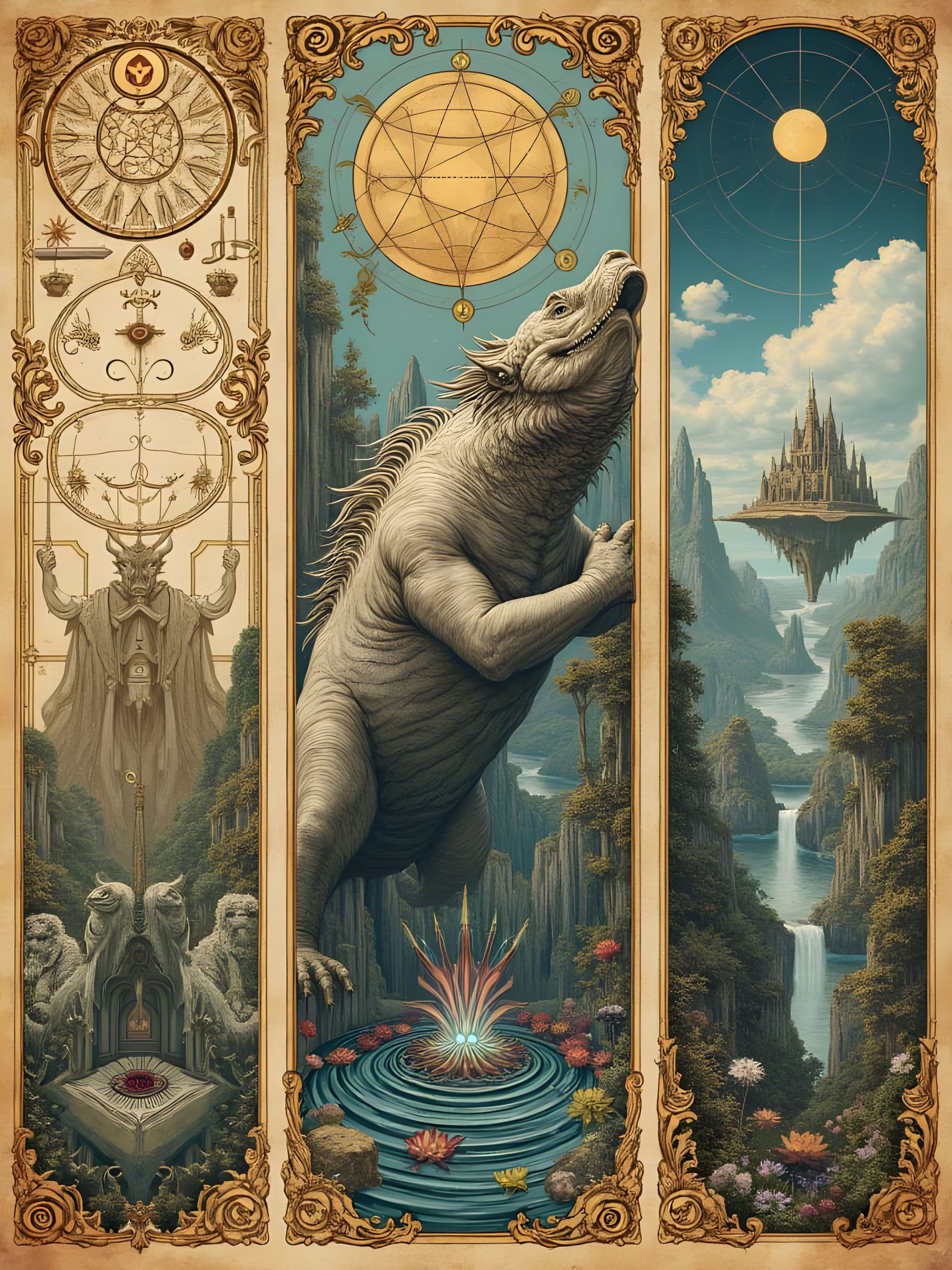 Ancient Codex Page: Mythical Beast & Floating City