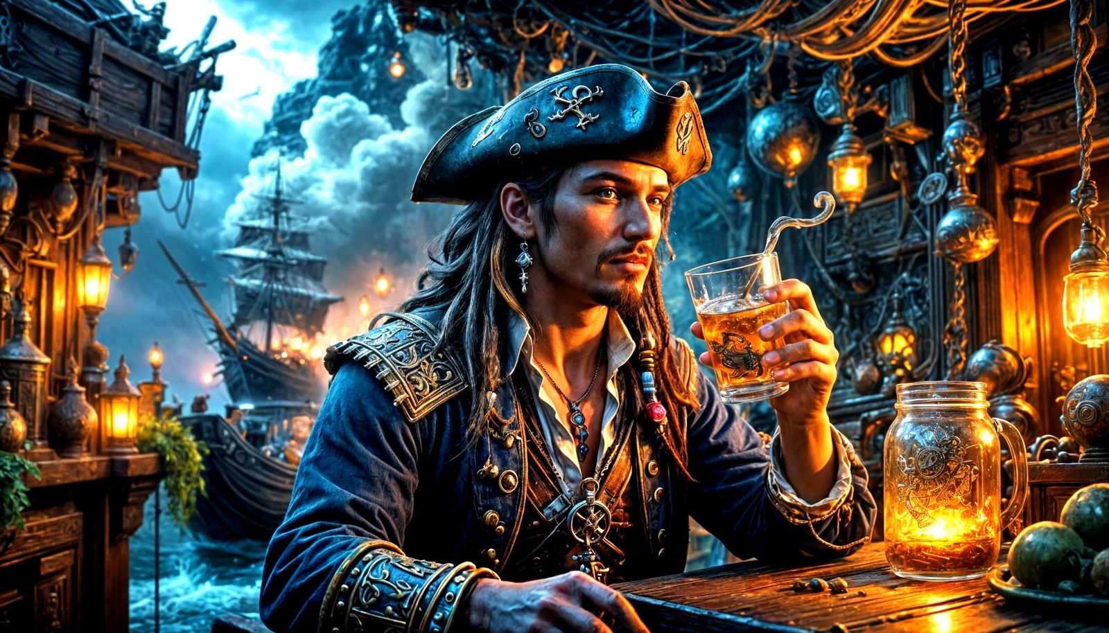 Hyperrealistic Pirate in a Maximalist Hideout