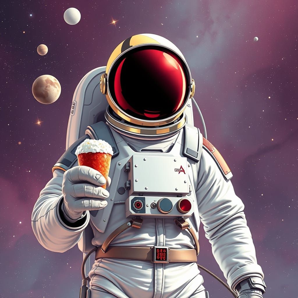Cosmonauta Futurista con Paraguas y Mermelada en la Nebulosa
