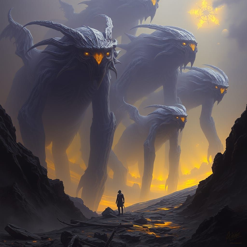 Colossal Humanoid Beings in Dark Fantasy Style