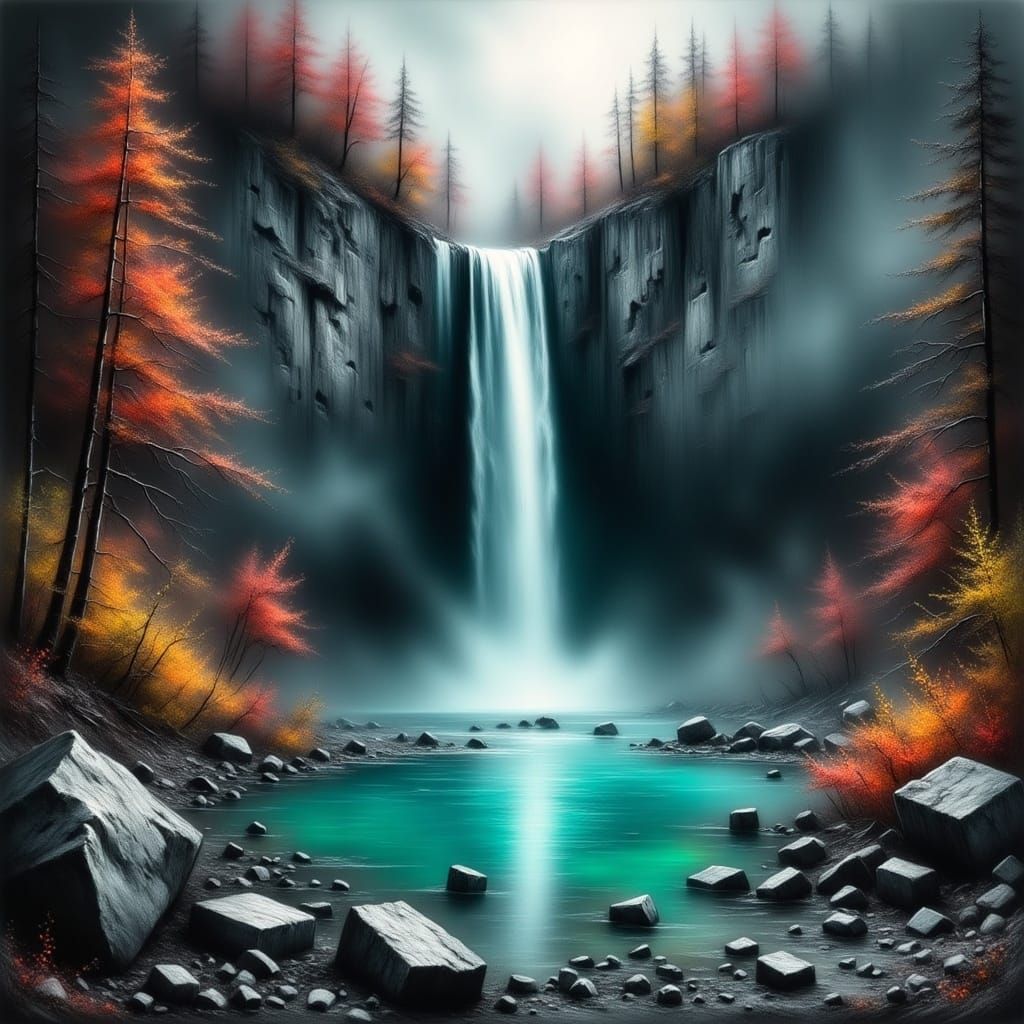 Majestic Waterfall with Bioluminescent Water