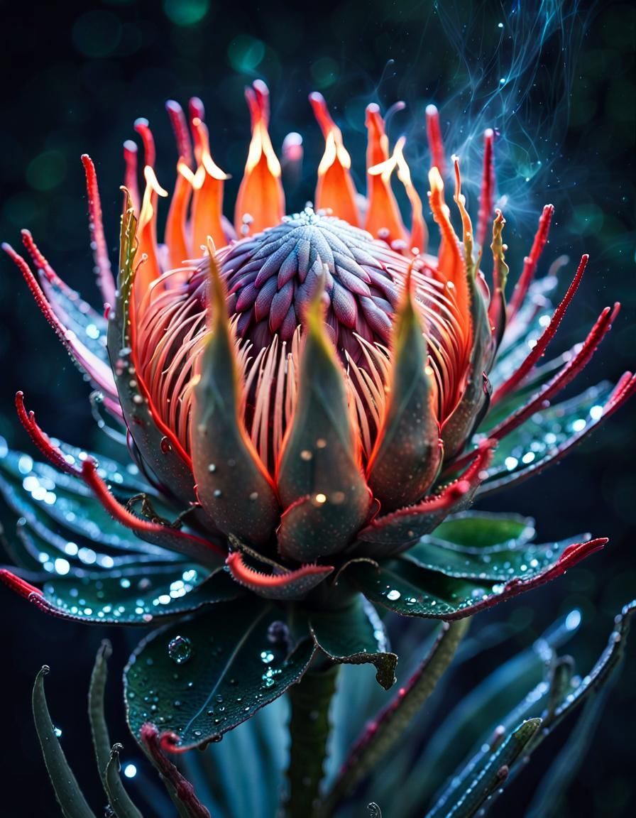 Glowing Surreal Protea Flower in Fantasy Photography Style