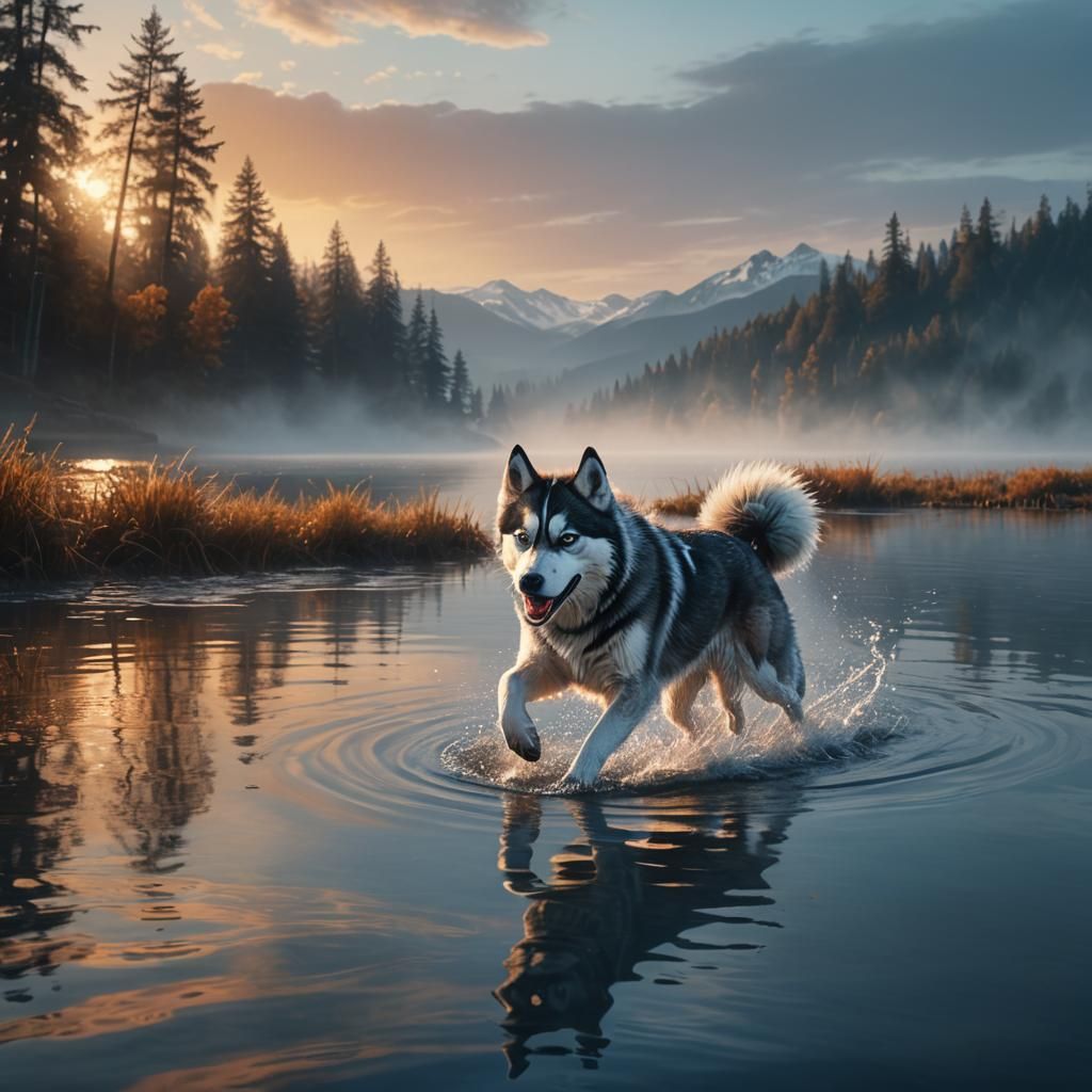 Husky Runs in Serene Lake: Fantasy Concept Art