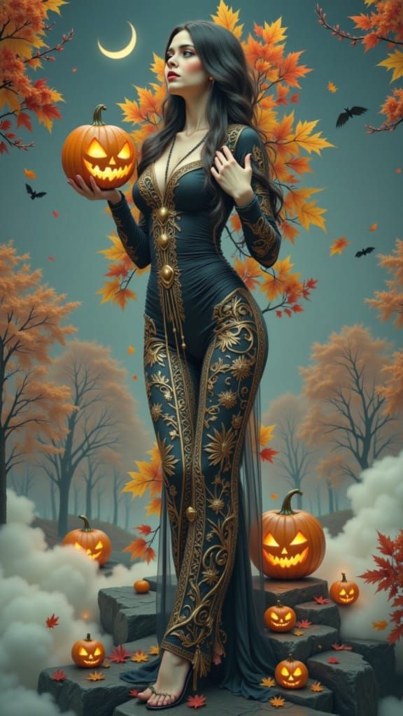 Mysterious Autumn Goddess with Jack-o'-lantern in Art Nouvea...