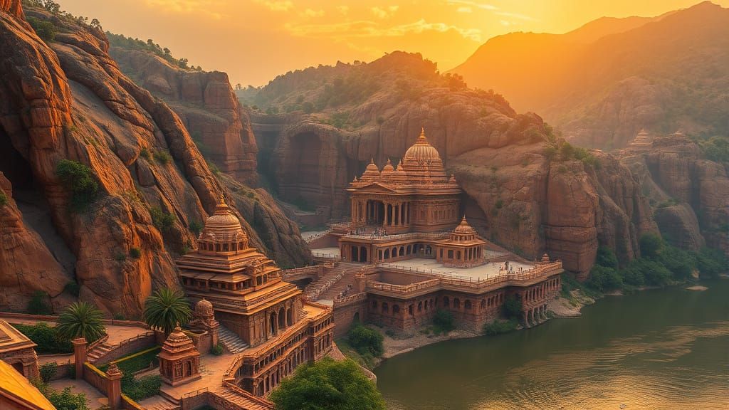 Ancient Indian Temple Oasis at Dusk