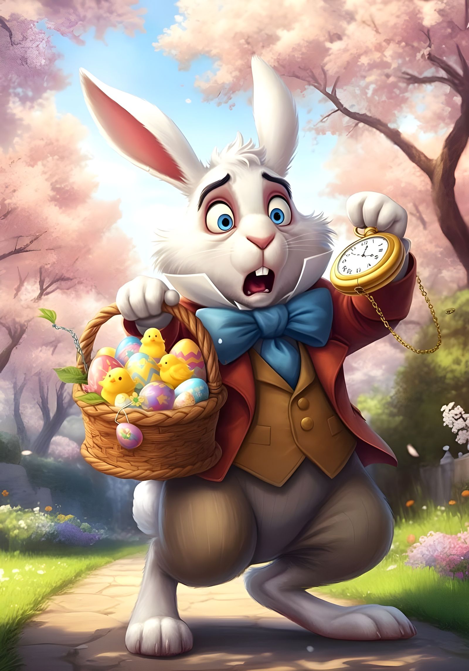Elegant Easter Bunny Rushes Through Wonderland
