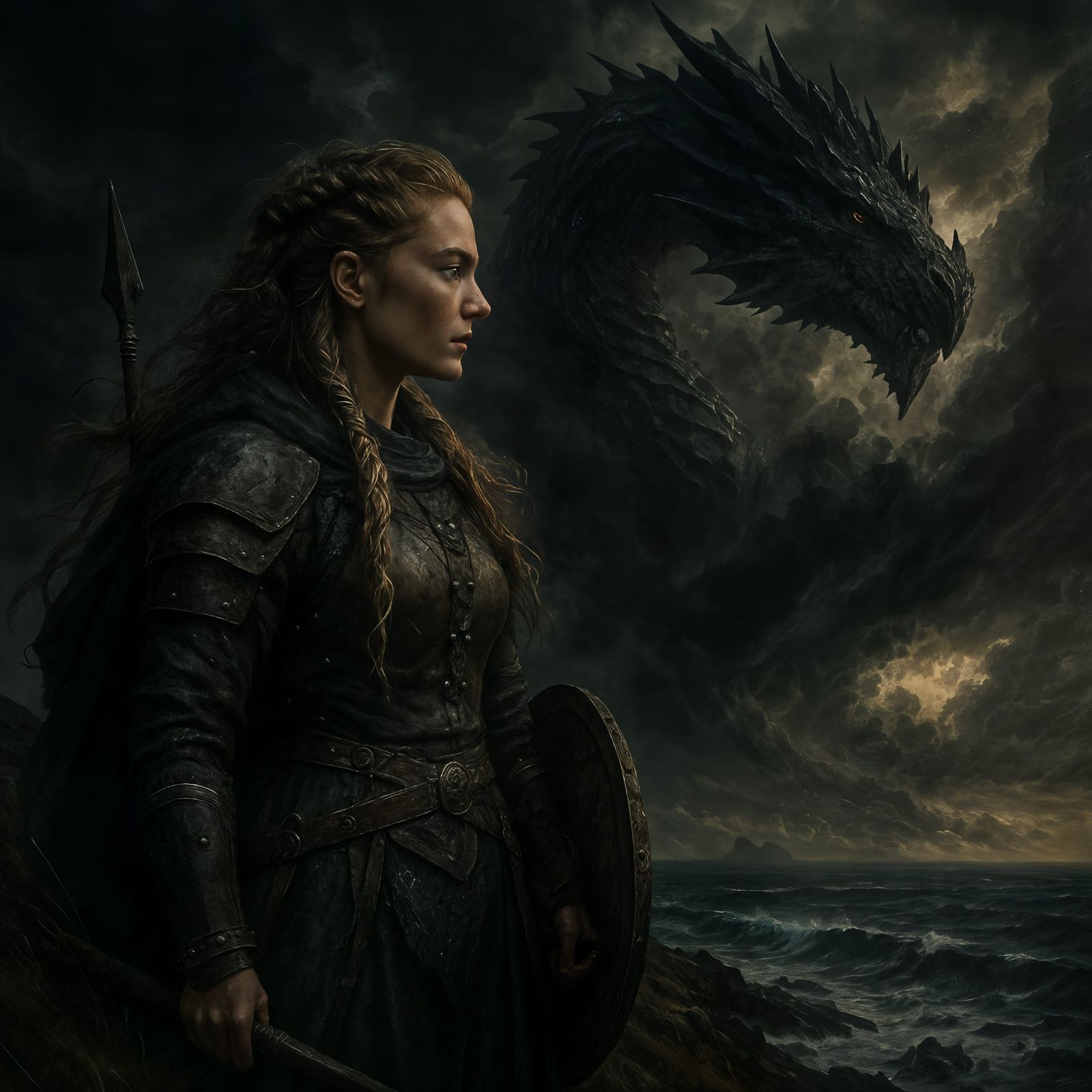 Viking Woman and Dragon in Hyperrealistic Style