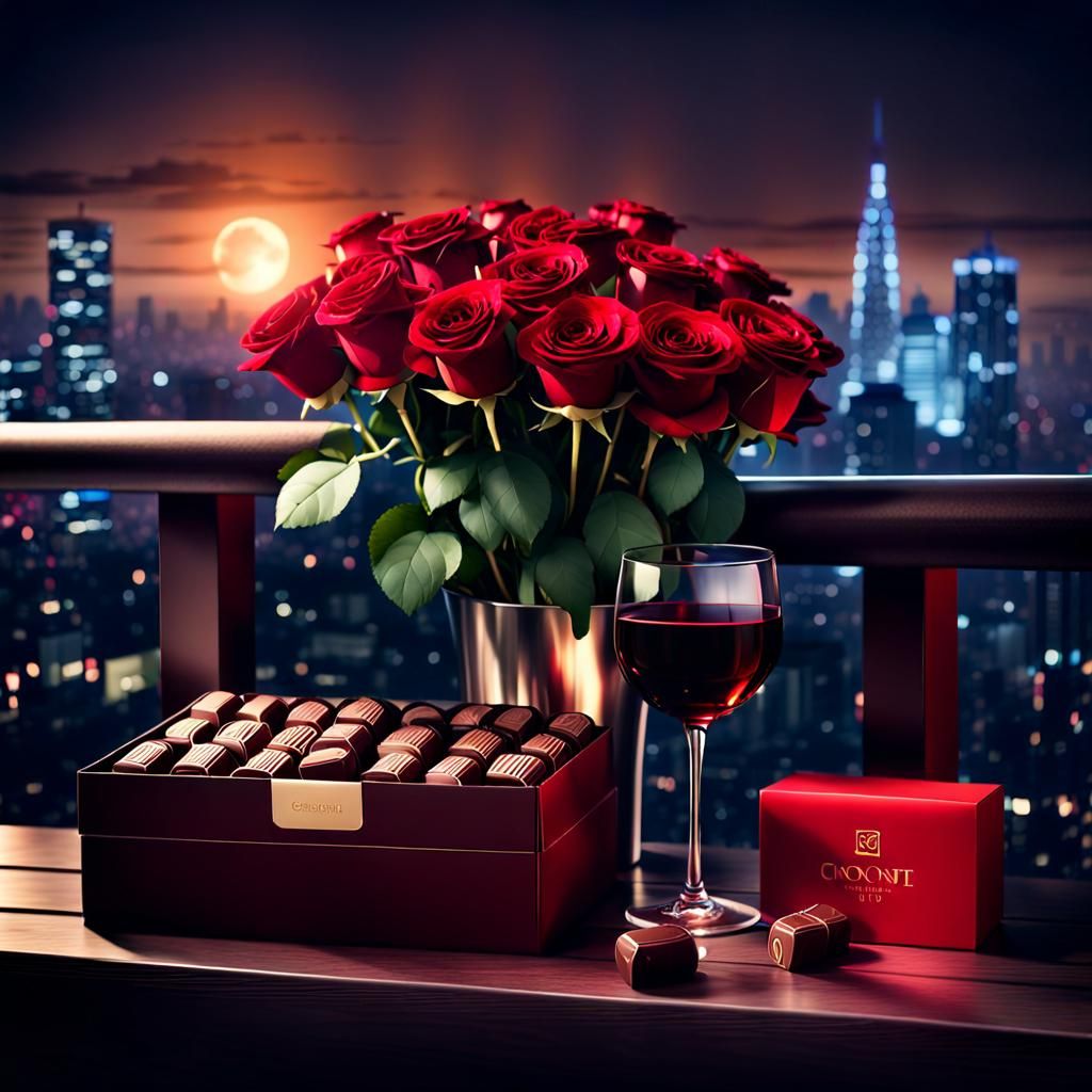 box of Chocolates and a bokay of Roses with red wine on a balcony
