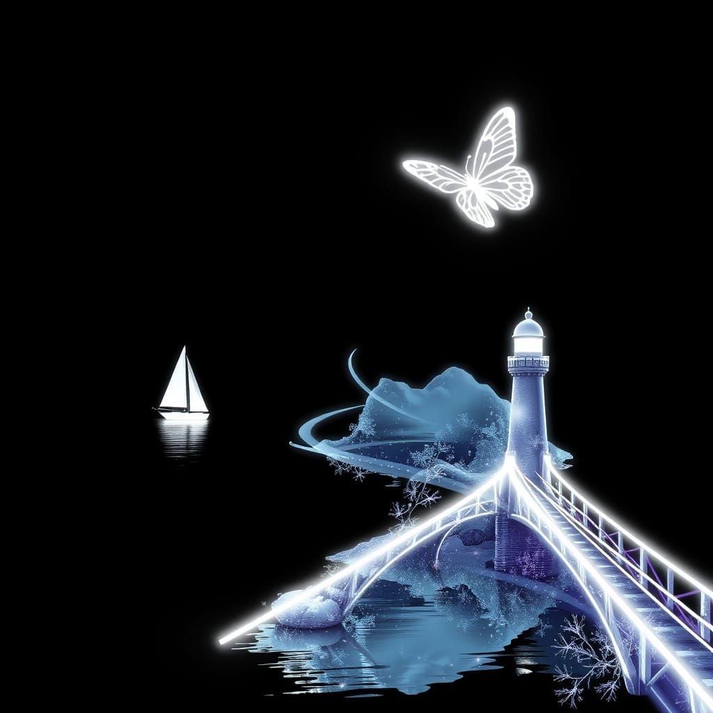 White Neon Silhouette Art with River and Lighthouse
