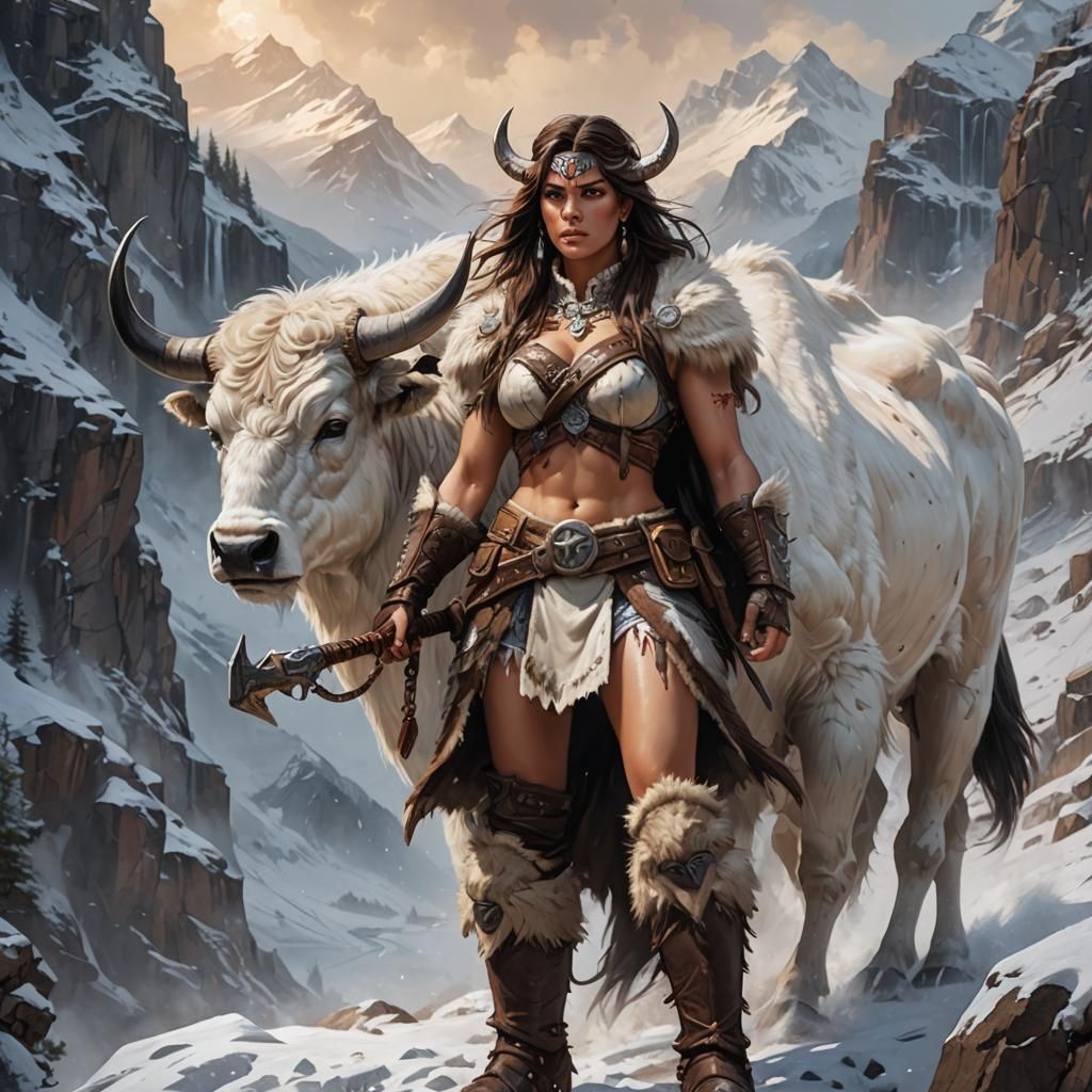 Barbarian Warrioress and War Yak on Snowy Mountain