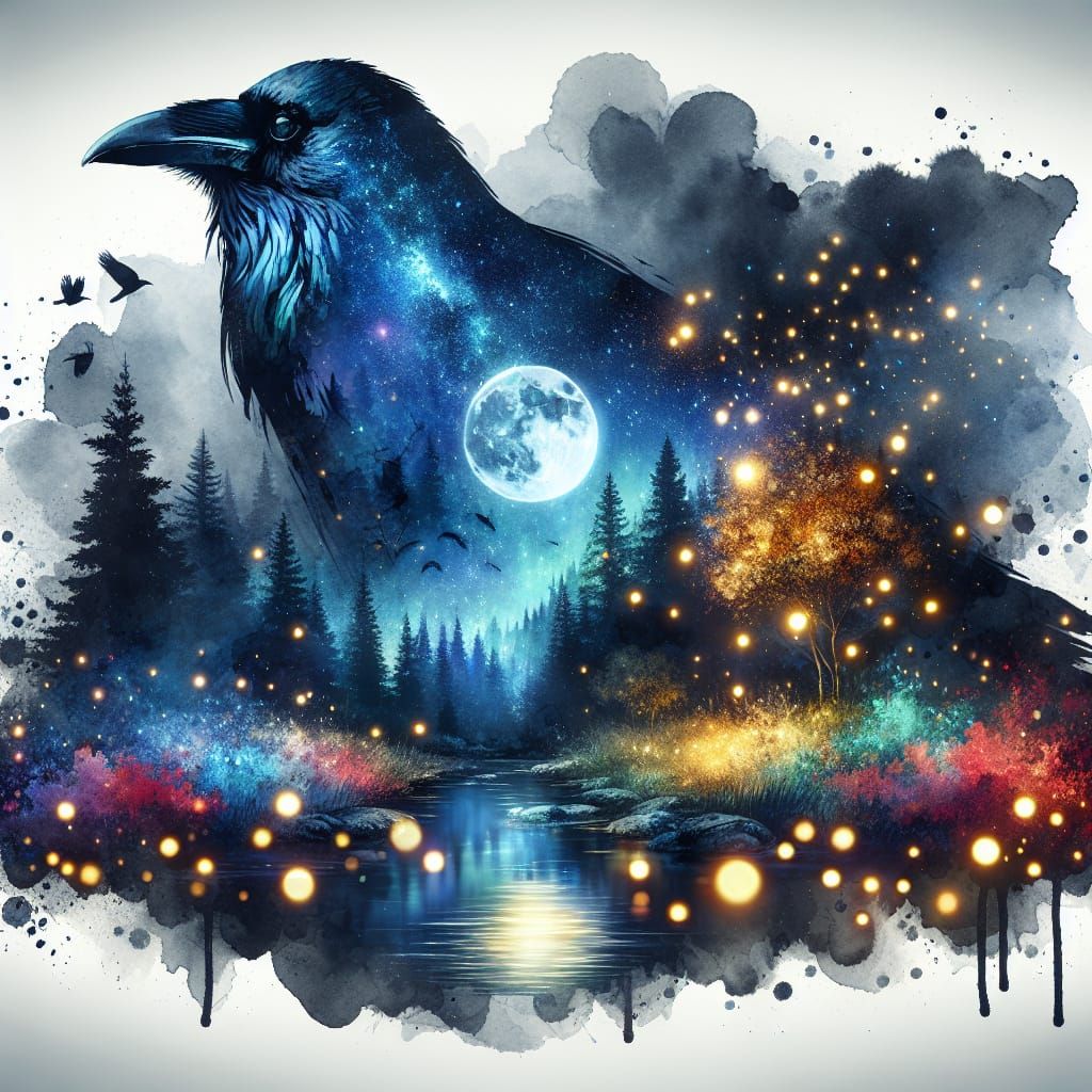 Smokey Raven Silhouette over Moonlit Stream