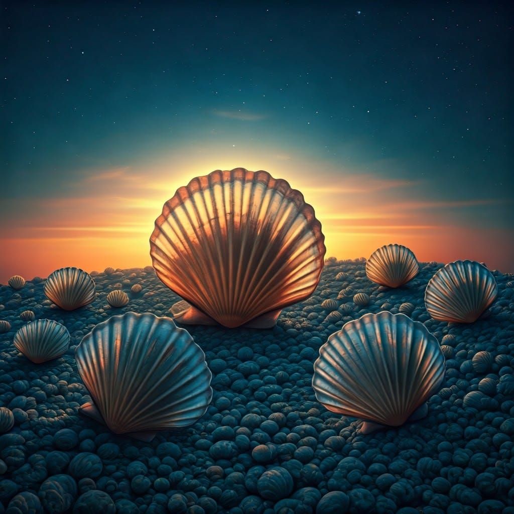 Surreal Seashell Landscape with Double Sunset