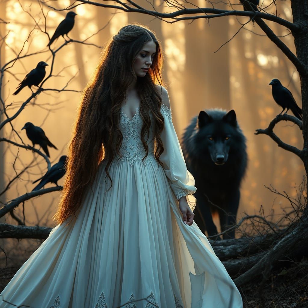 Nordic Maiden Surrounded by Black Crows and a Majestic Black...